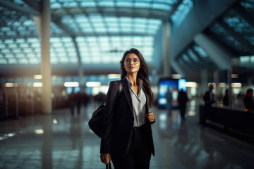 Young woman in suit standing at airport - obrazy, fototapety, plakaty