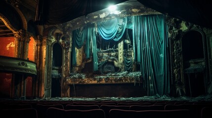 a forsaken, dilapidated theater with broken stages, tattered curtains, and a presence of theatrical spirits
