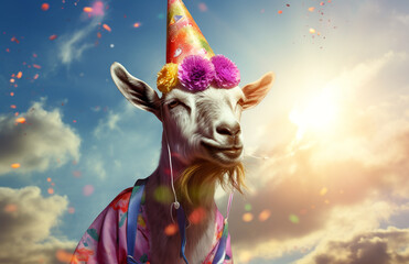 Funny goat with party hat and colorful confetti on sky background.  Portrait of Goat in a festive hat.
