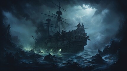 a ghostly, decaying shipwreck in the midst of a foggy, moonlit ocean, with ghostly figures on board
