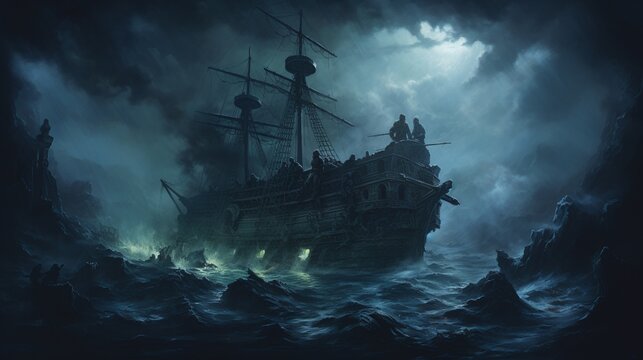 a ghostly, decaying shipwreck in the midst of a foggy, moonlit ocean, with ghostly figures on board © Muhammad