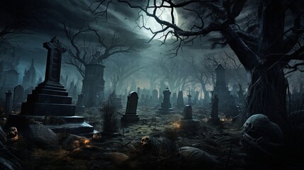 a ghostly, overgrown graveyard with tilted headstones, rustling leaves, and an eerie, moonlit atmosphere