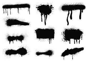 Graffiti spray paint element, Black graffti paint splattered in dirty style, Artistic texture of ink brush strokes, splatter stains, Paintbrush, stroke vector set