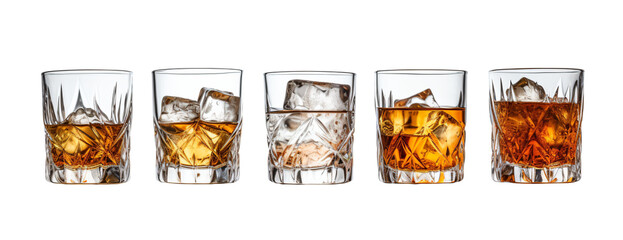Scotch whiskey glasses in various shapes with ice on transparent background - Generative AI - obrazy, fototapety, plakaty