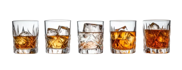 Fotobehang Scotch whiskey glasses in various shapes with ice on transparent background - Generative AI © seogi