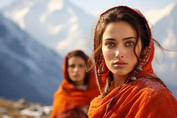 Fototapeta premium Young indian woman standing at saffron agriculture field