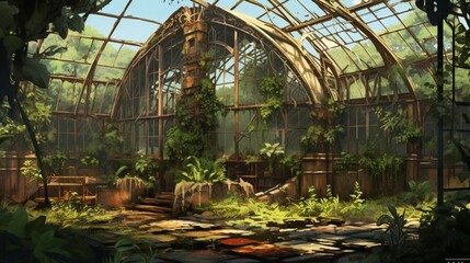 a hair-raising, ancient, and overgrown greenhouse with twisted flora, shattered glass, and a sense of unnatural life
