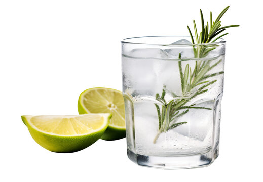 Rosemary infused vodka or gin tonic and sliced lime in glass isolated on transparent background - Generative AI