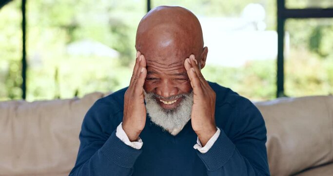 Stress, headache and senior man on a sofa laughing at silly, overthinking or mental health crisis. Anxiety, migraine and face of elderly person in living room with vertigo, brain fog or funny memory