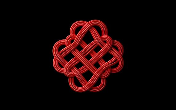 Chinese symmetrical ornament, a red knot isolated on black background. AI Generative