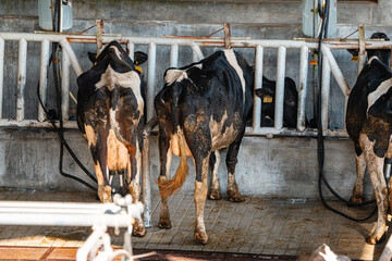 dairy cows are in the process of taking milk. agriculture industry, farming and animal husbandry...
