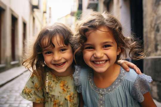 Two little girl child smiling together