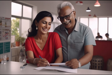 indian old man showing some paper his wife