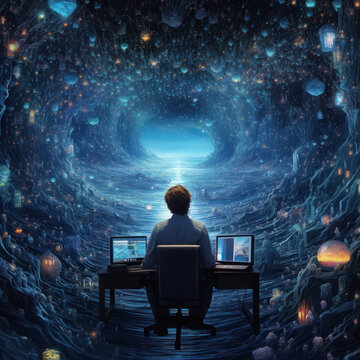 boy using computer in universe