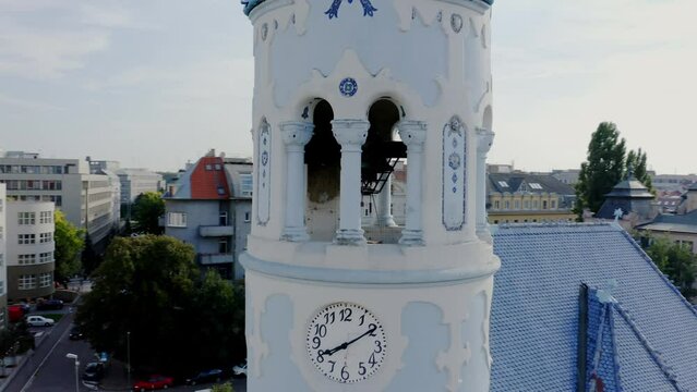 Close up of the tower of The Blue Church or The Church of St. Elizabeth or Modry Kostolik in the Old Town in Bratislava, Slovakia. Tower bells.
