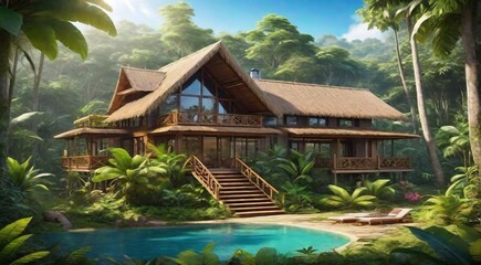 house in the woods, house in the forest, tropical forest scene, panoramic view of house in the forest