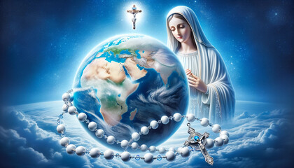 Heavenly Sovereignty: Mary's Rosary and the Earth's Redemption - obrazy, fototapety, plakaty