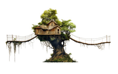 Mini Treehouse with Rope Bridge On Isolated background