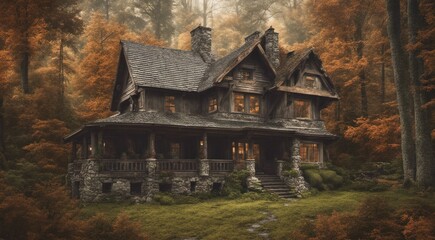 house in the woods, house in the forest, tropical forest scene, panoramic view of house in the forest