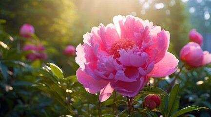 Obraz premium Vibrant pink petals peony flower. Generative AI