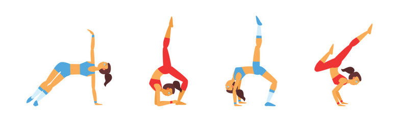 Woman Character Doing Yoga Stand in Asana Vector Set