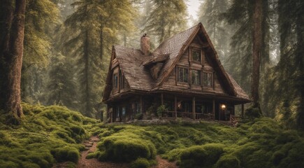 Fototapeta na wymiar house in the woods, house in the forest, tropical forest scene, panoramic view of house in the forest