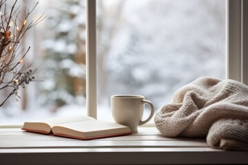 Snowy Window Sill with Hot Beverage - obrazy, fototapety, plakaty