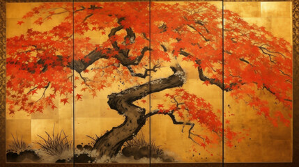 Autumn maple tree in vintage Japanese painting style.