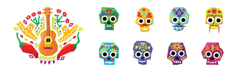 Skull with Bright Mexican Floral Ornament and Pattern Vector Set