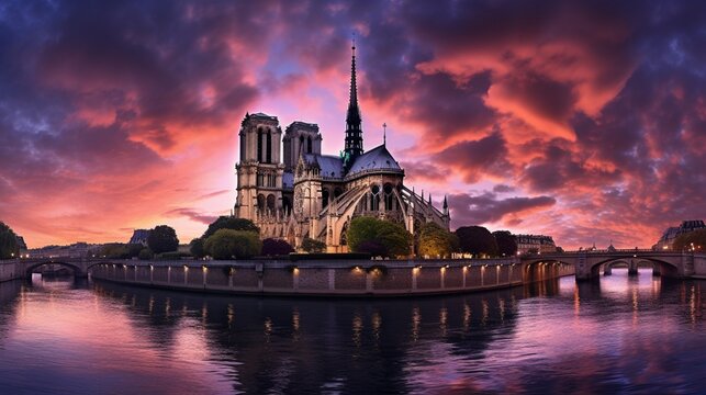 A twilight panorama, capturing the cathedral in all its grandeur against a sky painted in hues of purple and gold