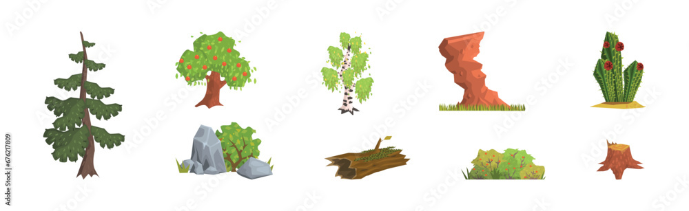 Poster landscape object and element with tree, log and stump vector set