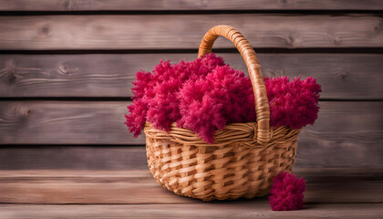 Pink Cockscomb basket on a wooden background 