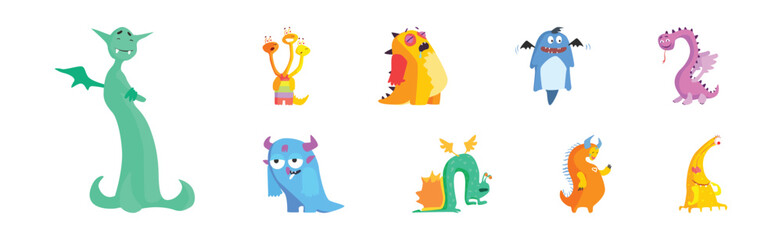 Funny Colorful Monster Character with Horns Vector Set