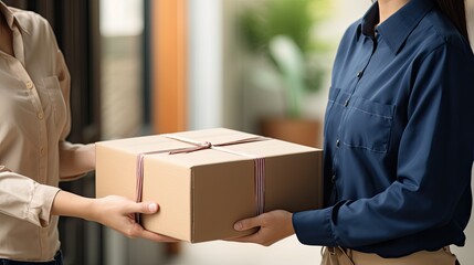 Portrait of a courier who smiles and hands the parcel to the recipient. Generated by AI.