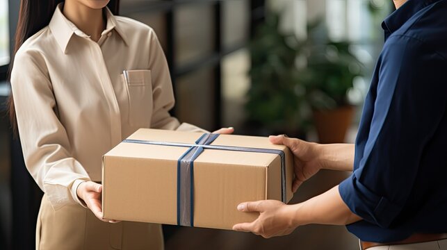 Portrait of a courier who smiles and hands the parcel to the recipient. Generated by AI.