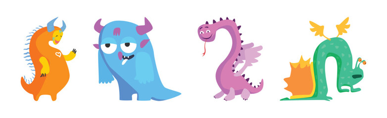 Funny Colorful Monster Character with Horns Vector Set