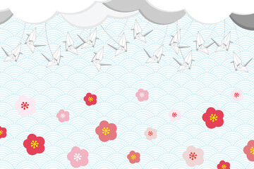 Illustration group of the origami bird flying with cloud and flower on blue japan wave background.