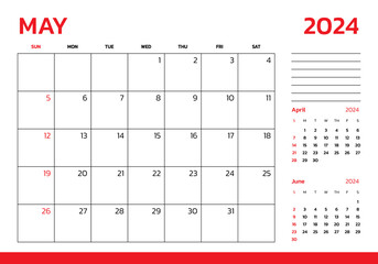 May 2024 Calendar. Week start on Sunday. Desk calendar 2024 design, simple and clean design, Wall calendar for print, digital calendar, Corporate design planner template vector.