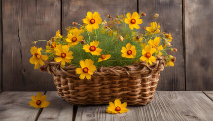 Coreopsis flowers in the basket on a wooden background 