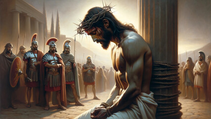 Crown of Thorns: Jesus Christ scourged at the Pillar and mocked by Roman soldiers.