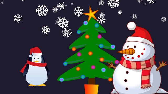 Snowman with snowfall and jumping penguin, christmas and Santa Claus decoration