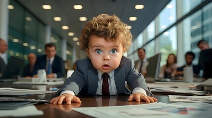 Baby Businessman in suit crawling on office desk - obrazy, fototapety, plakaty