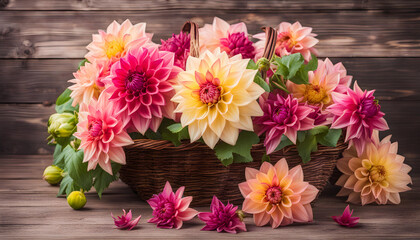 Multicolor Dahlia flower basket on a wooden background 