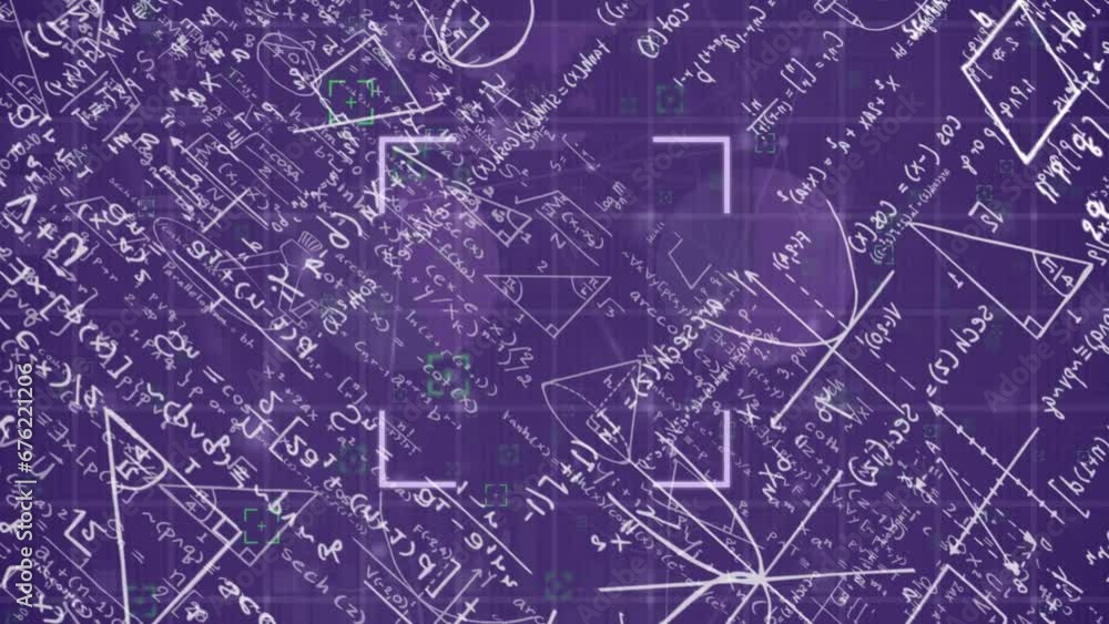 Aufkleber animation of viewfinder over mathematical equation and diagrams over abstract background