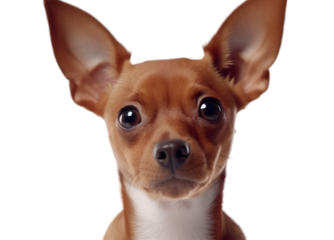 Close up an adorable brown chihuahua puppy faces to the camera, isolated on transparent background. 