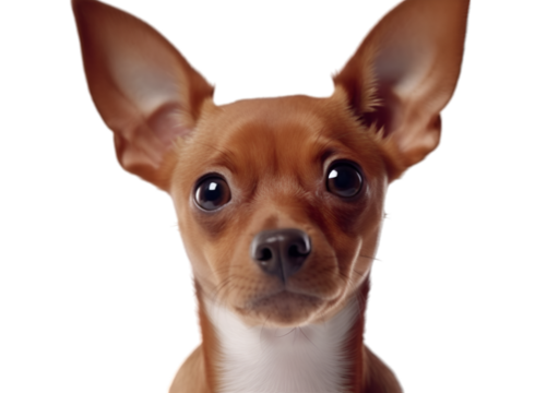 Close up an adorable brown chihuahua puppy faces to the camera, isolated on transparent background. 