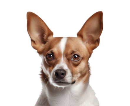 Close up an adorable brown and white chihuahua puppy looking at the camera, isolated on transparent background. 