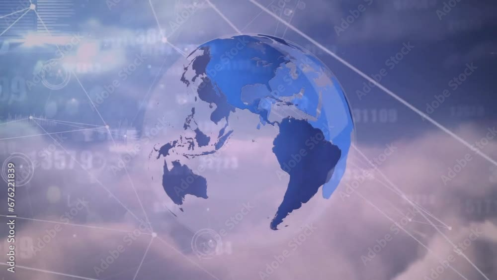 Poster animation of connected icons and rotating globe over aerial view of dense clouds in sky