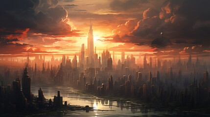 The metropolis awakens, with skyscrapers bathed in the soft, diffused light of dawn, casting long, graceful shadows that waltz across the cityscape in silent reverence