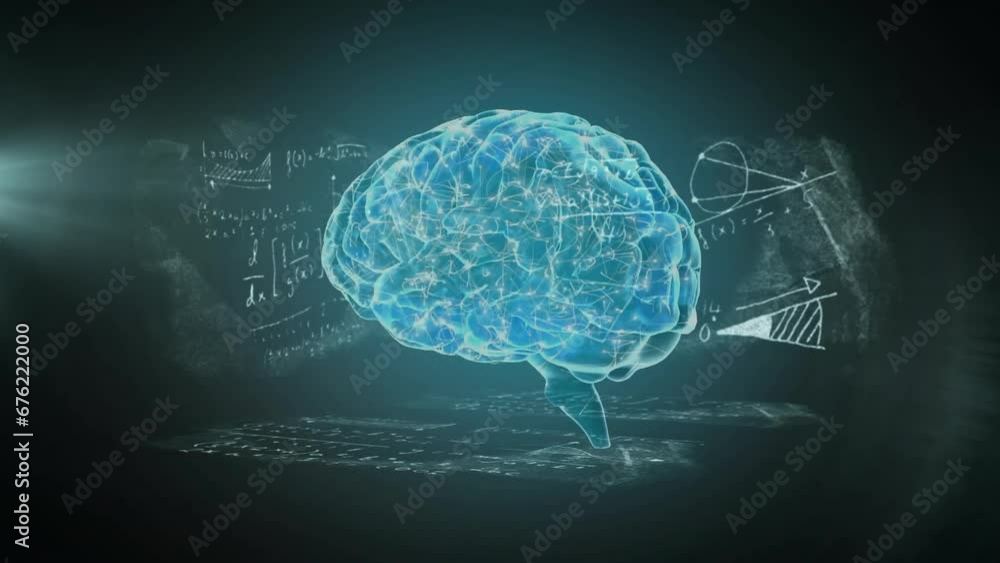 Poster animation of human brain with mathematical equations and diagrams over abstract background